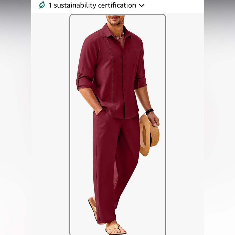 Mens Linen Sets 2 Piece Long Sleeve Button Down Cuban Shirt Summer Beach Set